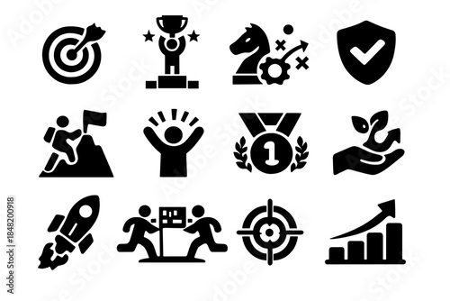Black silhouette icons for business success, achievement, goal setting, and strategic growth