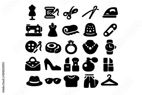 Set of fashion, sewing, and accessory symbols including clothing, jewelry, tools, and makeup items