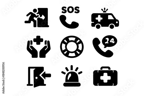Emergency, rescue, and first aid symbols for safety and medical services