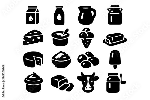 Black and white silhouettes of essential dairy products and related farm items