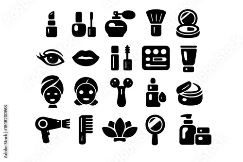 Set of cosmetic products and beauty treatment icons including lipstick, perfume, and facial care