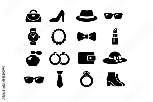 Collection of essential fashion accessories and clothing items in black silhouette