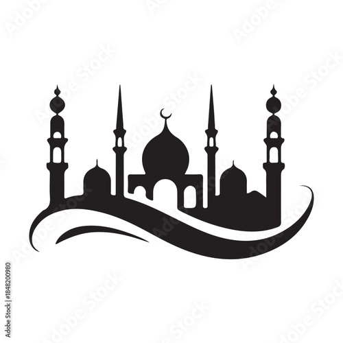 a striking black silhouette of a mosque with multiple minarets and a crescent moon above showcasing islamic architecture