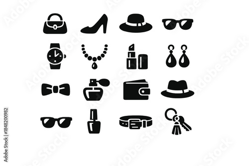 Solid black glyphs representing essential fashion accessories and personal items