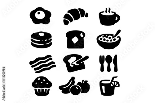 Monochrome icons set featuring popular breakfast and brunch foods and eating utensils