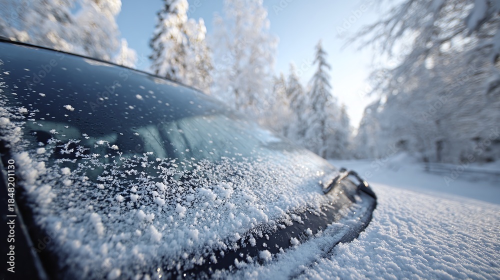 Obraz premium Frosted car windshield in a snowy forest, crisp morning air. Crystal snowflakes clinging to the glass, creating a winter wonderland scene. The sun peeks through the trees.