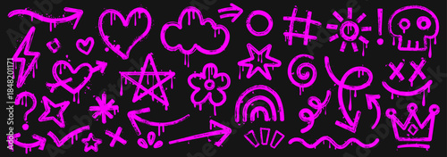 Neon Pink Graffiti Spray Paint Vector Elements on Black Background, Urban Street Art Icons Set with Drips and Splatters, Hand Drawn Arrows, Skulls, Hearts, Stars, Crowns and Funky Grunge Symbols