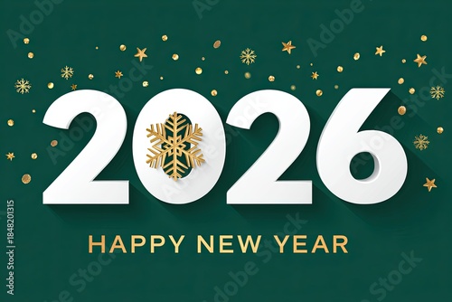 Large white numbers 2026 with gold snowflake and golden stars on dark green background with text Happy New Year and decorative elements scattered around