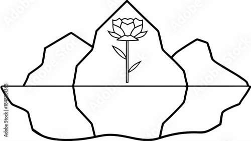 Minimalist Silhouette of an Iceberg Crowned with a Delicate Rose, Representing Fragility and Environmental Themes