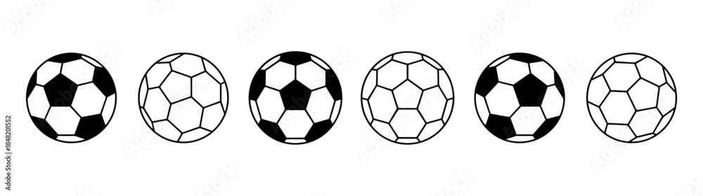 Obraz premium Set of six black and white vector soccer ball icons arranged in a row, featuring both classic filled designs and simple line art outlines, isolated on a white background for sports logos