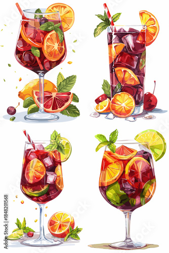 Set of four vibrant watercolor cocktail illustrations featuring red sangria drinks in various glasses, garnished with orange slices, lemon, mint leaves, cherries, and ice cubes