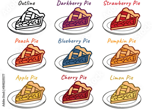 vector illustration of a freshly baked fruit pie, including a whole pie and separate slices with a golden lattice crust. Ideal for food industry branding, bakery menus, and culinary graphic design 