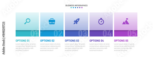 Progress bar featuring 5 arrow-shaped elements, symbolizing the five stages of business strategy and progression. Clean timeline infographic design template. Vector for mobile presentation.