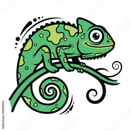 Vibrant green chameleon perched on curly branch