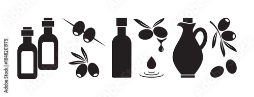Olive branch, oil bottle icon. Twig tree and leaf black silhouette, vegetable, cooking set. organic olive isolated on white background. Simple food vector illustration