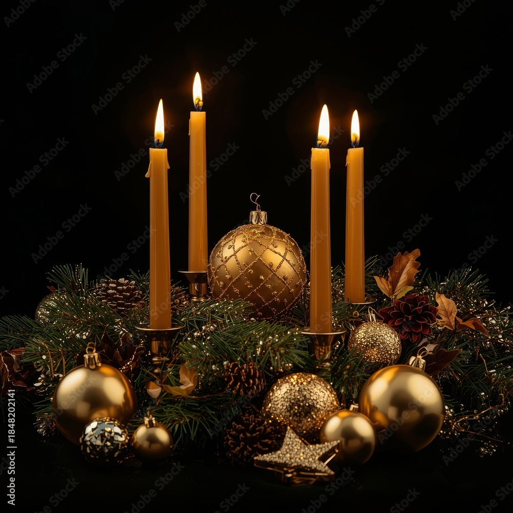 Naklejka premium Golden candles and ornaments create a festive scene for holiday celebrations