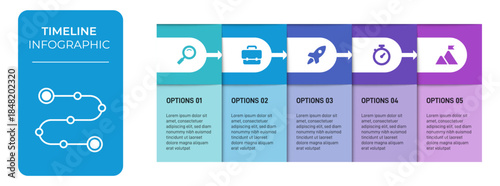Progress bar featuring 5 arrow-shaped elements, symbolizing the five stages of business strategy and progression. Clean timeline infographic design template. Vector for mobile presentation.
