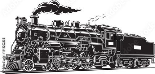 A classic steam locomotive train silhouette detailed black vector illustration 