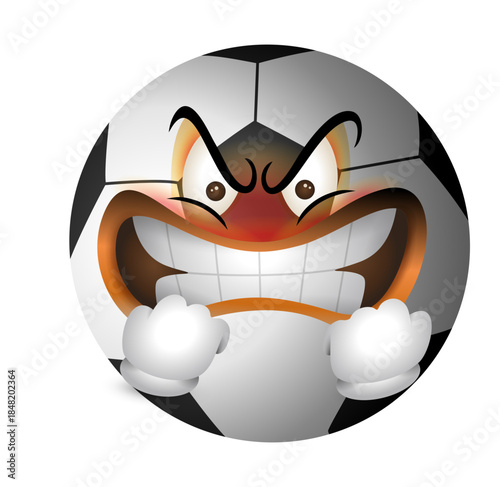 Cartoon soccer ball with angry face and clenched fists, expressive sports mascot illustration for competitive themes.