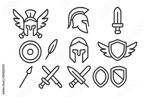 Outline icons set of ancient warrior armor and military weapon equipment