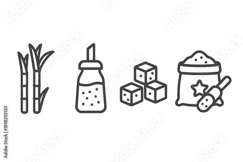 Sugarcane sugar dispenser cubes and flour sack line icons set