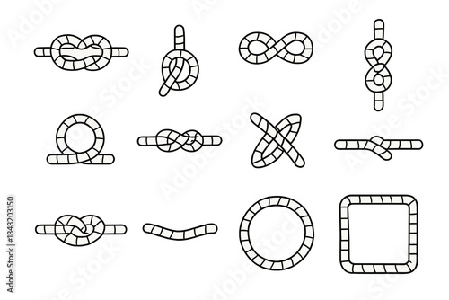 Basic rope knots and loops icons in simple outline style