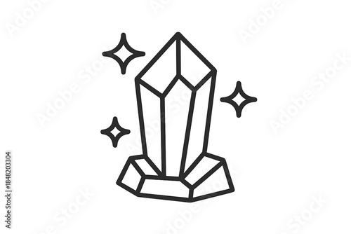 Minimalist black outline icon of a large faceted crystal formation with sparkles