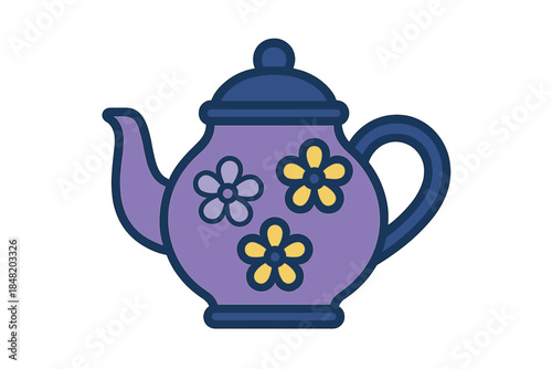 Stylized purple teapot with detailed floral ornamentation and deep blue accents