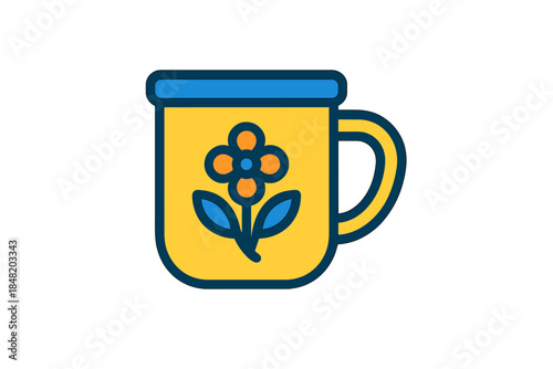 Yellow coffee mug with simple flower design and thick outline