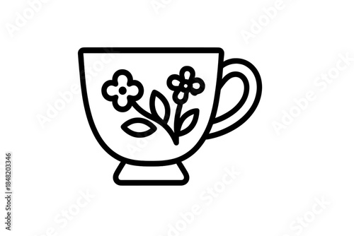 Outline teacup icon with delicate floral decoration