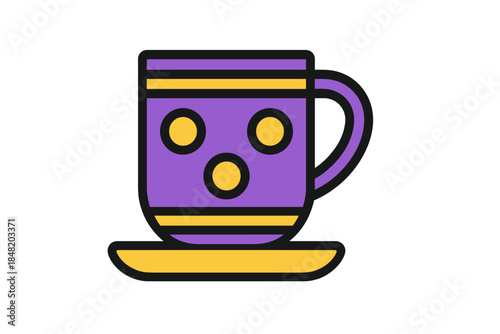Colorful ceramic coffee mug with polka dots on matching saucer