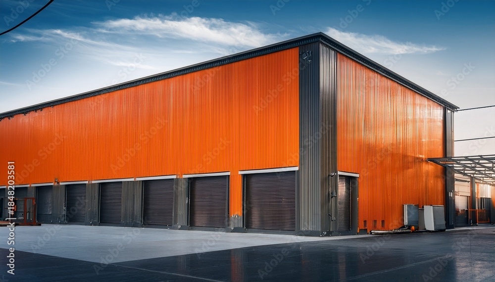 Fototapeta premium a bold orange and gray warehouse with dark tinted windows in an industrial location