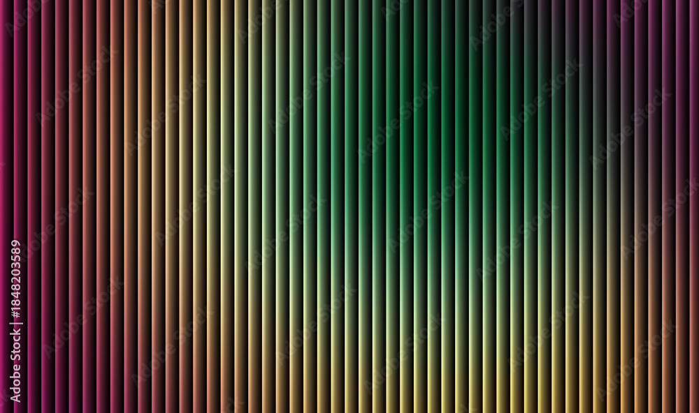 Fototapeta premium Abstract background featuring vertical ribbed texture with a smooth vibrant gradient transition across magenta orange yellow and deep green hues creating depth