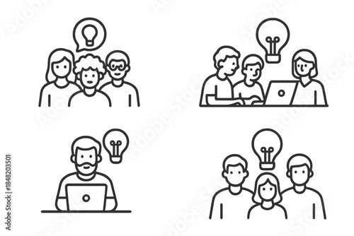 Outline icons set for team brainstorming and creative idea generation