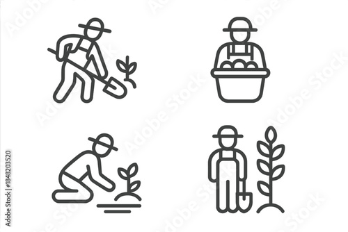 Outline icons representing various farming and gardening activities for agriculture concept