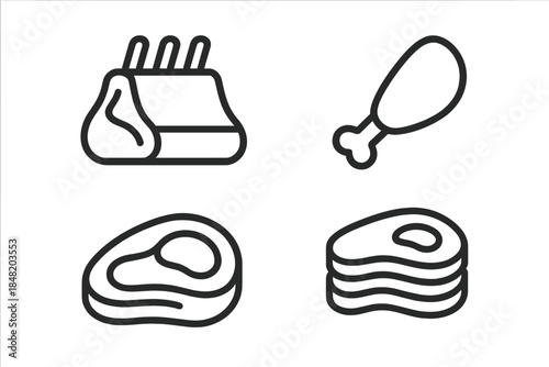Four simple black outline icons depicting various cuts of raw meat products