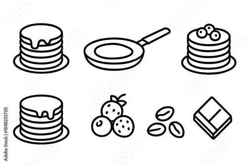 Set of breakfast food icons featuring pancakes, frying pan, berries, and coffee