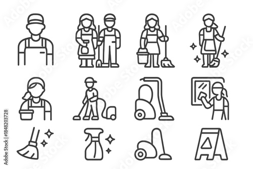 Cleaning service worker icons and essential equipment line art set