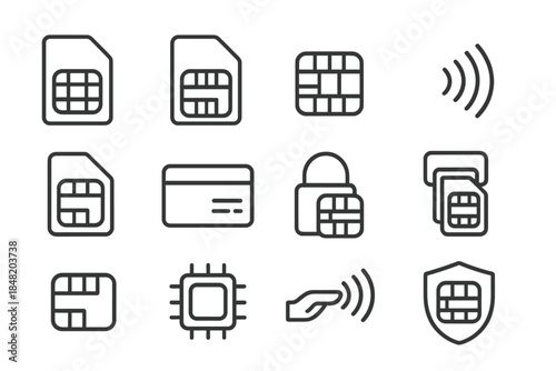 Mobile communication and security line icons featuring SIM cards and chip technology