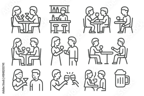 Outline icons of people socializing and enjoying drinks at a bar or restaurant setting