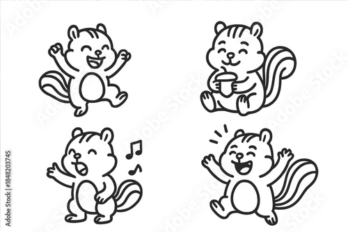 Four happy cartoon squirrel characters engaged in various activities