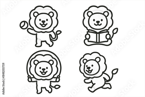 Four cute cartoon lion characters engaged in various activities