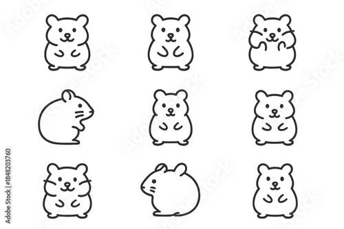 Set of simple line art icons depicting various hamster poses and views