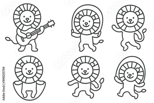 Collection of happy cartoon lion characters engaged in various activities