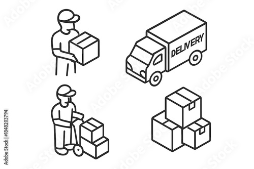 Isometric outline icons for shipping and package delivery logistics