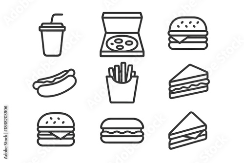 Nine simple outline icons for popular fast food and snack items