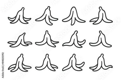 Twelve banana peel outline icons showing various poses and states
