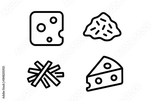 Four stylized cheese icons in simple black outline drawing style