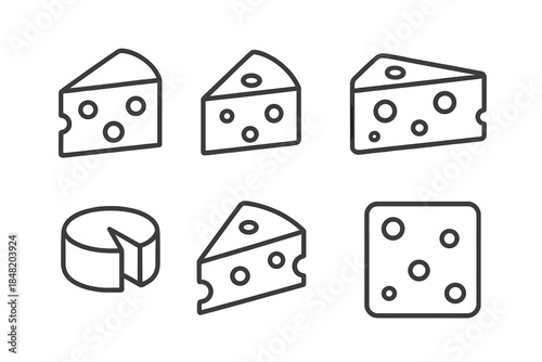 Outline icons set of various cheese pieces and dairy food shapes