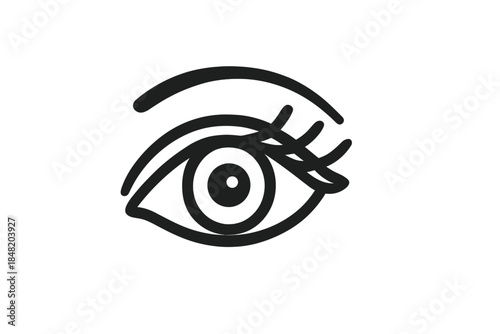 Stylized black and white open eye featuring thick lashes and defined eyebrow line
